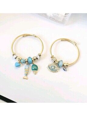 New Gold-plated Charm Bracelets Adjustable Cable Cuff Fish Evil Eye Beach Aqua